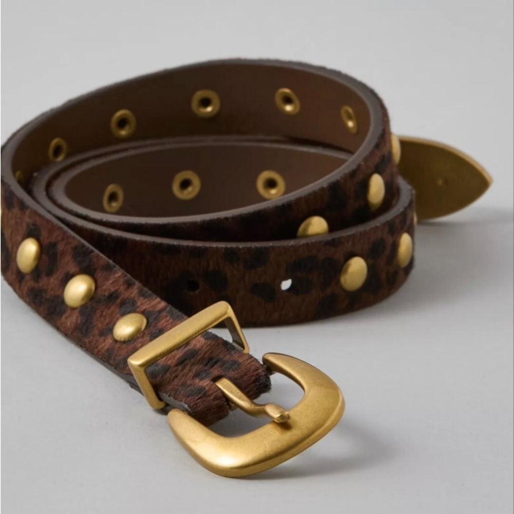 Leopard Print Faux Fur Skinny Belt with Gold Hardware XS